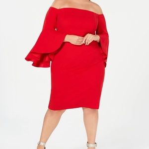 Red Calvin Klein Off The Shoulder Dress with Bell Sleeves
